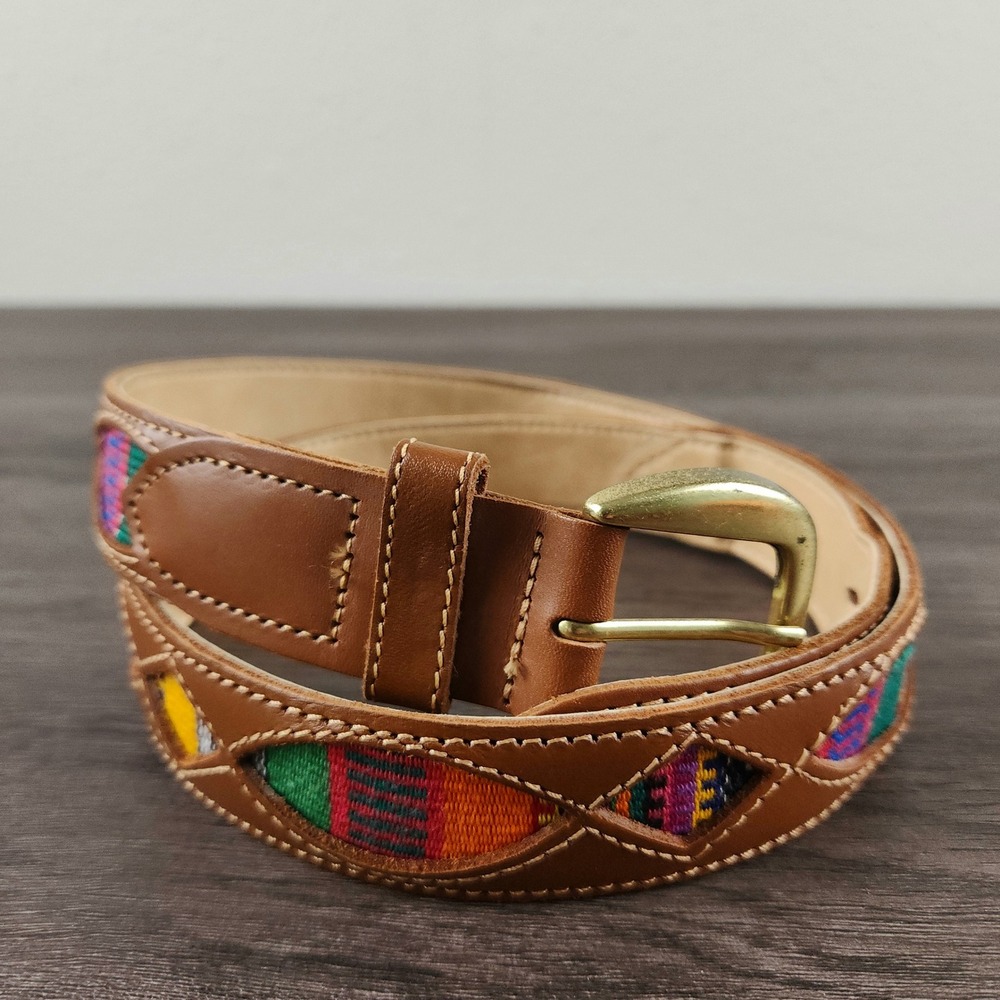 Vintage Handwoven Guatemalan Leather Belt XL Boho Southwestern Brass Buckle